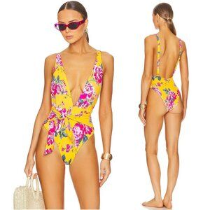Maaji Bouquet Dreamy One Piece SWIMSUIT M Plunge Cheeky Reversible Yellow NEW